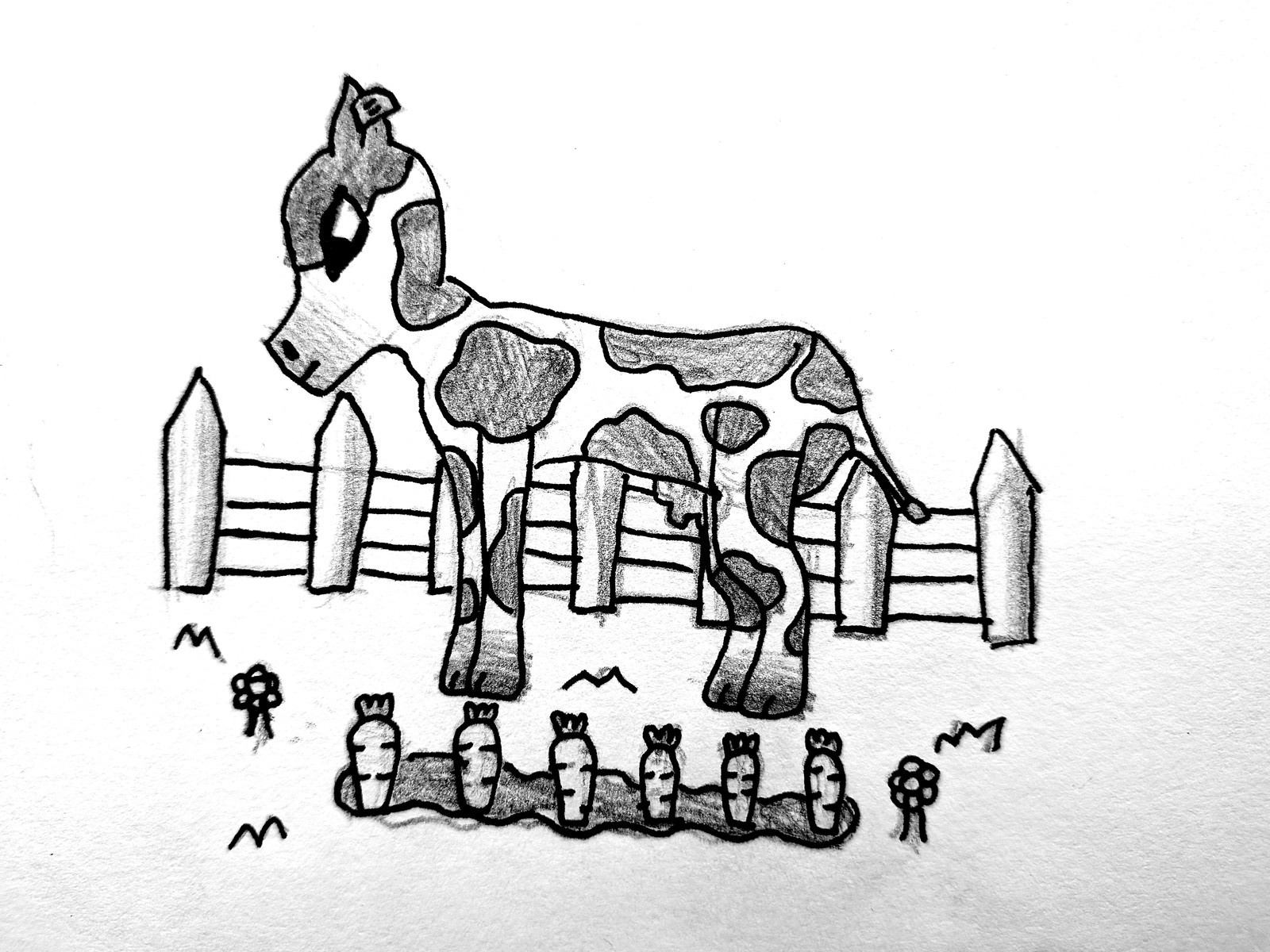 A pencil drawing of a spotted cow in a farm stall, with smaller animals and a fence — a drover's livestock scene