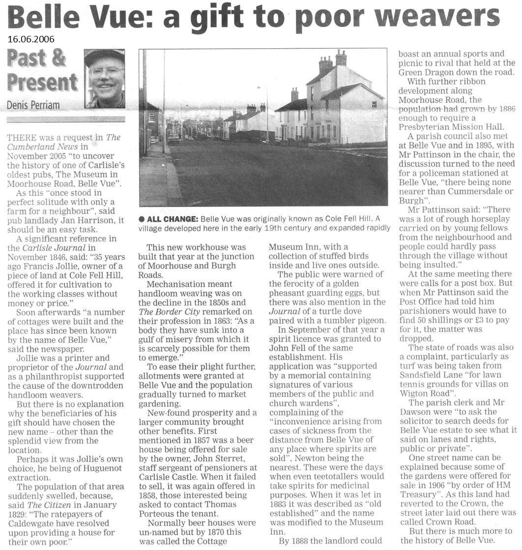 Newspaper article 'Belle Vue: a gift to poor weavers' by Denis Perriam, Cumberland News, 16 June 2006
