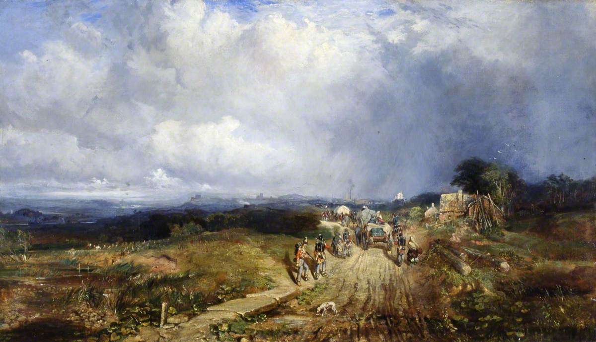 Baggage Wagons Approaching Carlisle — a painting showing soldiers and wagons on a dusty road approaching Carlisle, with the city and fells visible in the distance