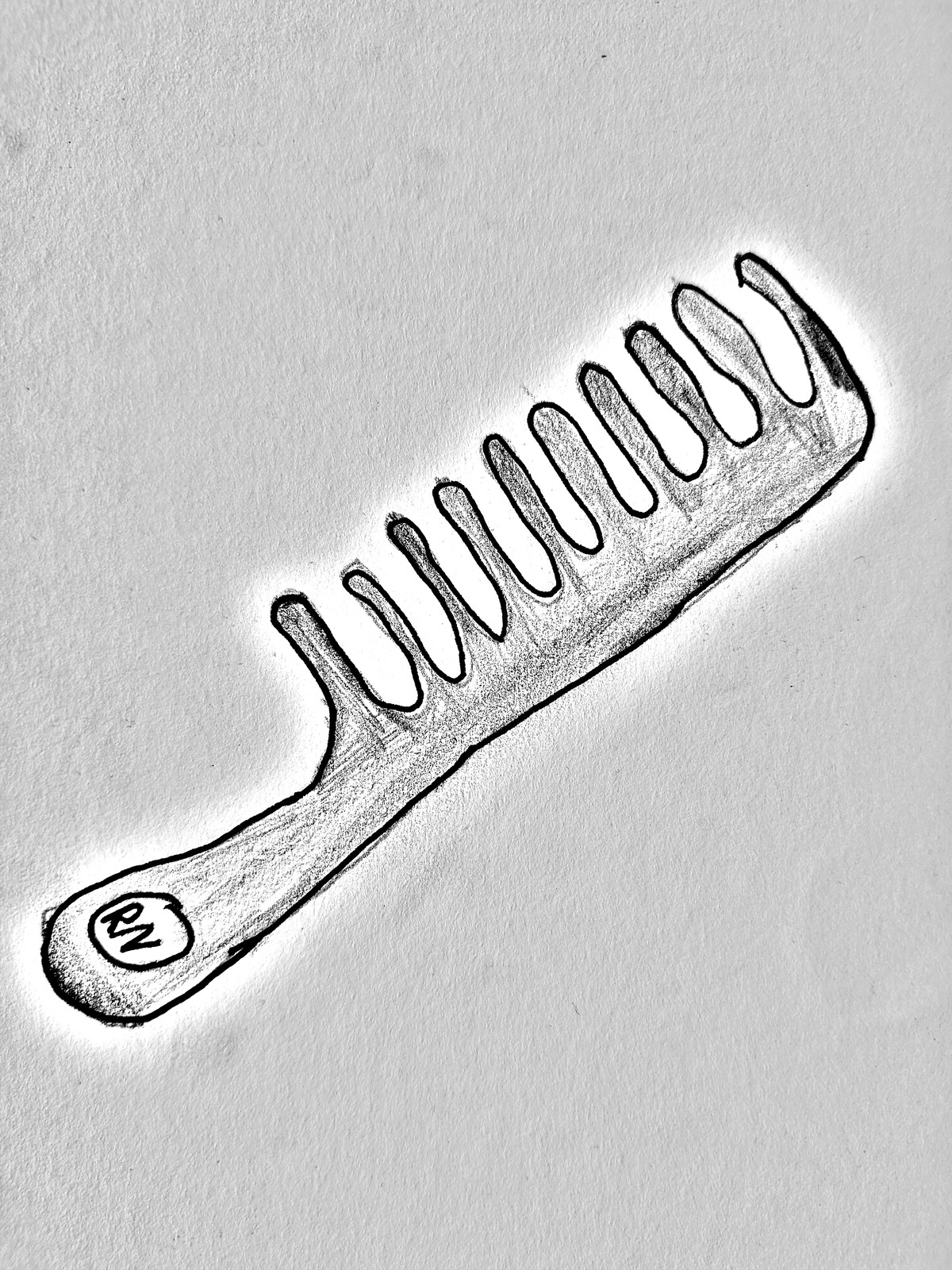 A pencil drawing of a wide-tooth hair comb with a long handle, carefully shaded, with an oval monogram on the end