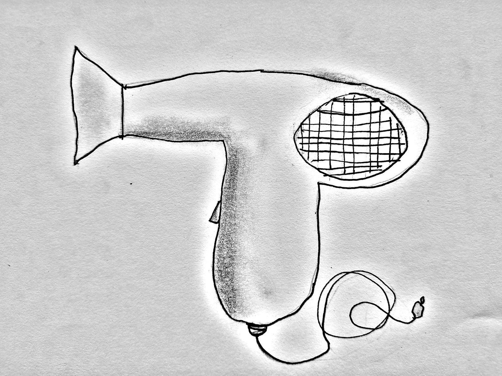 A pencil drawing of a hair dryer — handle, body and cross-hatched grille clearly drawn, with a coiled cord below