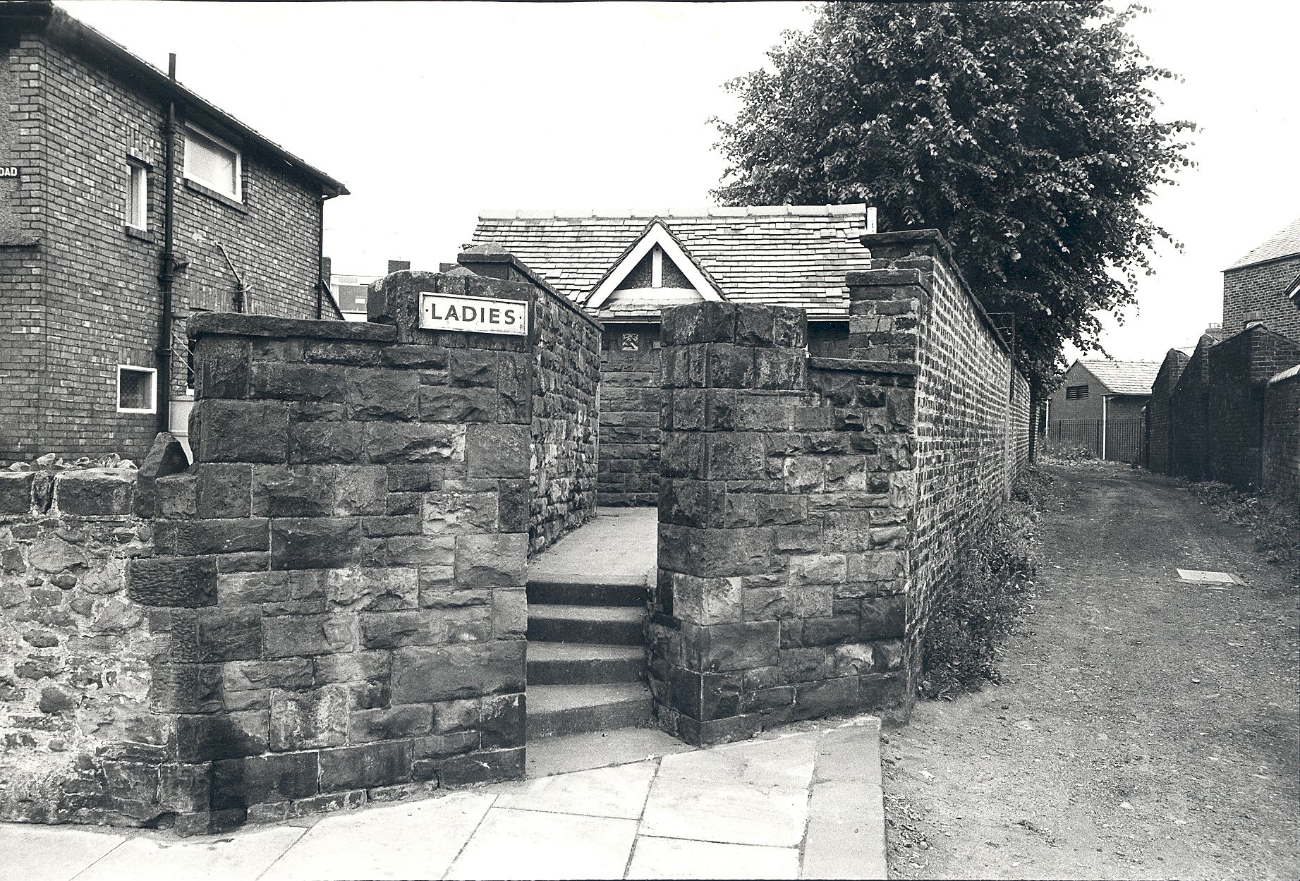 A black-and-white photograph of a Ladies public lavatory on Newtown Road in 1978, built from large sandstone blocks with steps leading down
