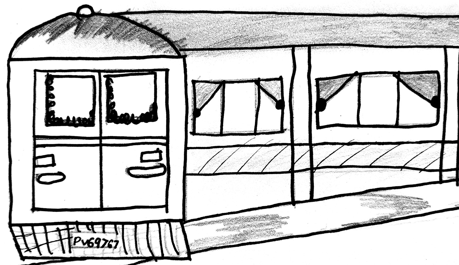 A pencil drawing of a Carlisle electric tram — the front cab end with two doors, windows with curtains, and hatched grille beneath, labelled Pv69767