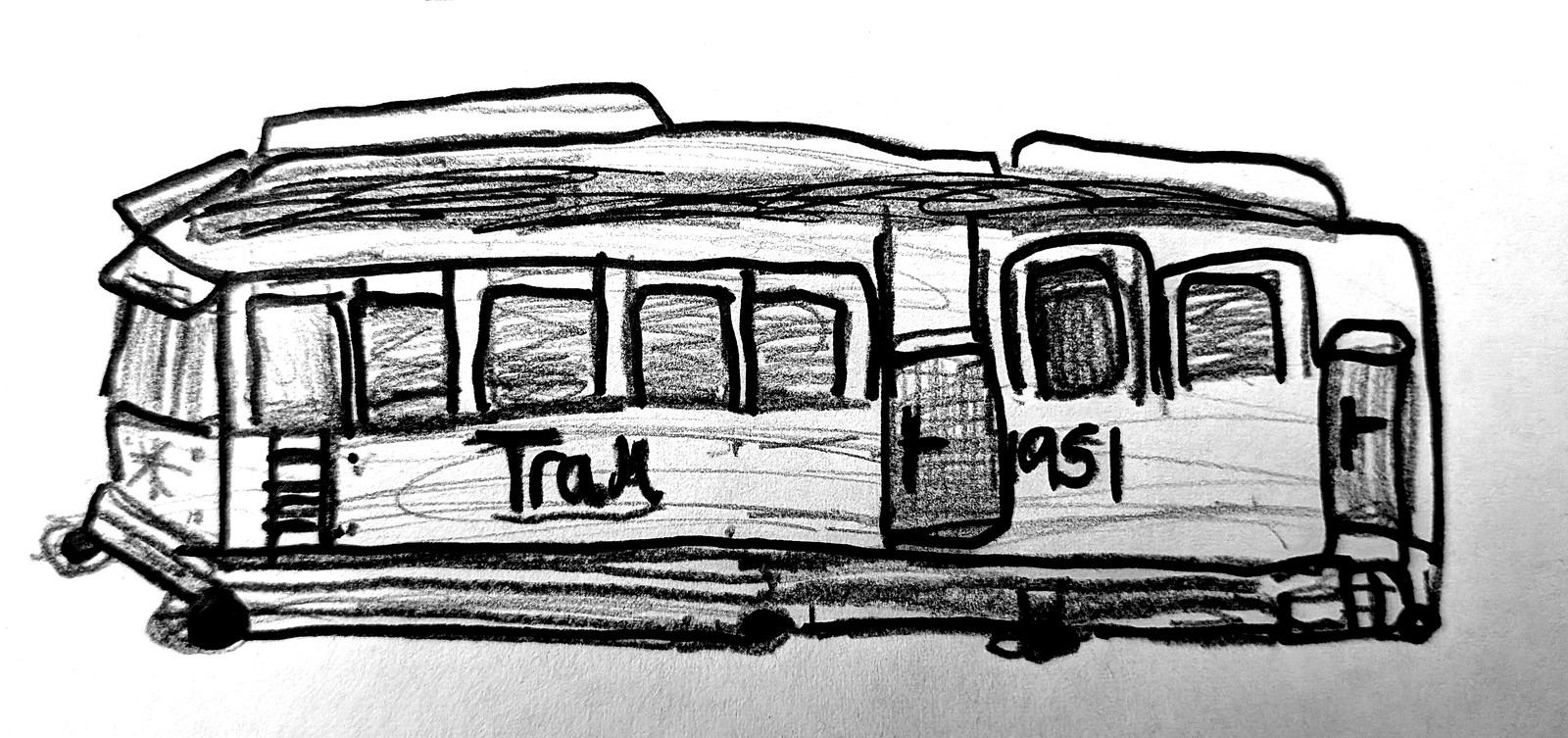 A pencil-and-pen side-on drawing of a Carlisle electric tram, labelled Tram and 1951, with windows and bogie wheels