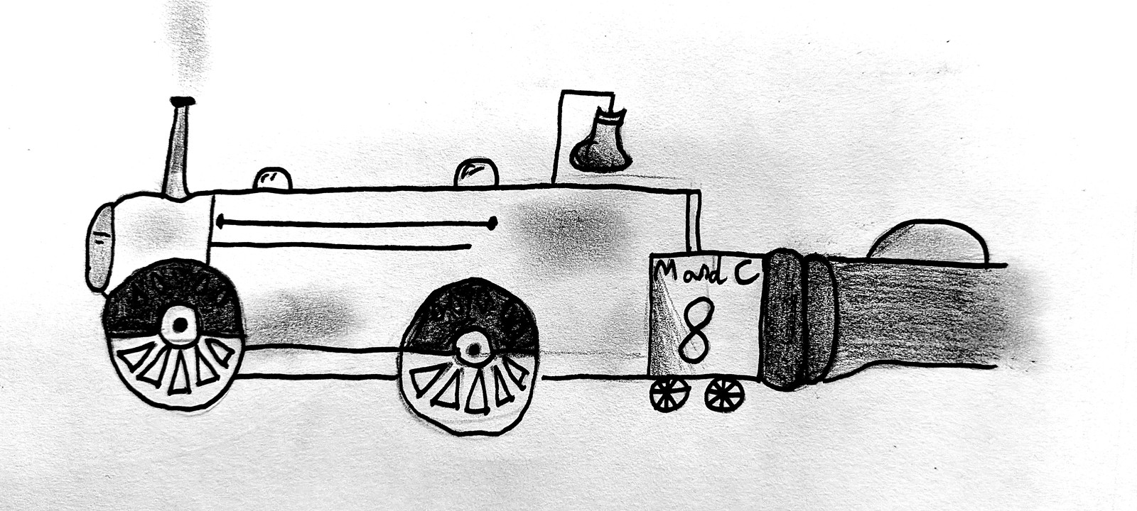 Evie's pencil drawing of an early Maryport and Carlisle steam locomotive, numbered M and C 8, seen from the side with tender attached