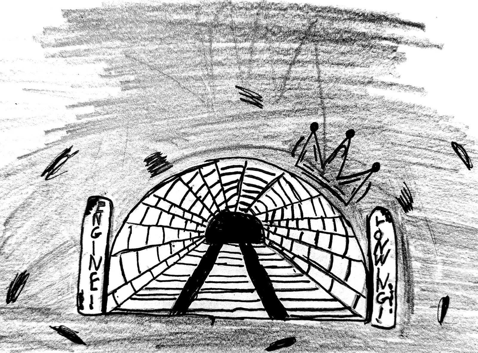 Logan's drawing of the Engine Lonning tunnel entrance, labelled ENGINE and LONNING on stone pillars, with railway tracks disappearing into darkness