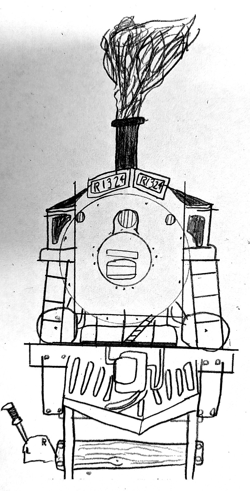 Toby's front-on pencil drawing of a steam locomotive face, numbered R1324, with smoke billowing from the chimney
