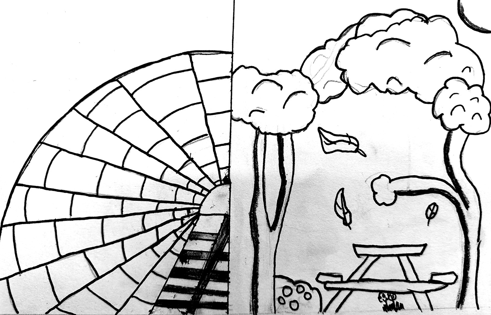 Zoe's split drawing: on the left, the brick-arched railway tunnel with tracks; on the right, trees in full leaf with a picnic bench and falling leaves — then and now