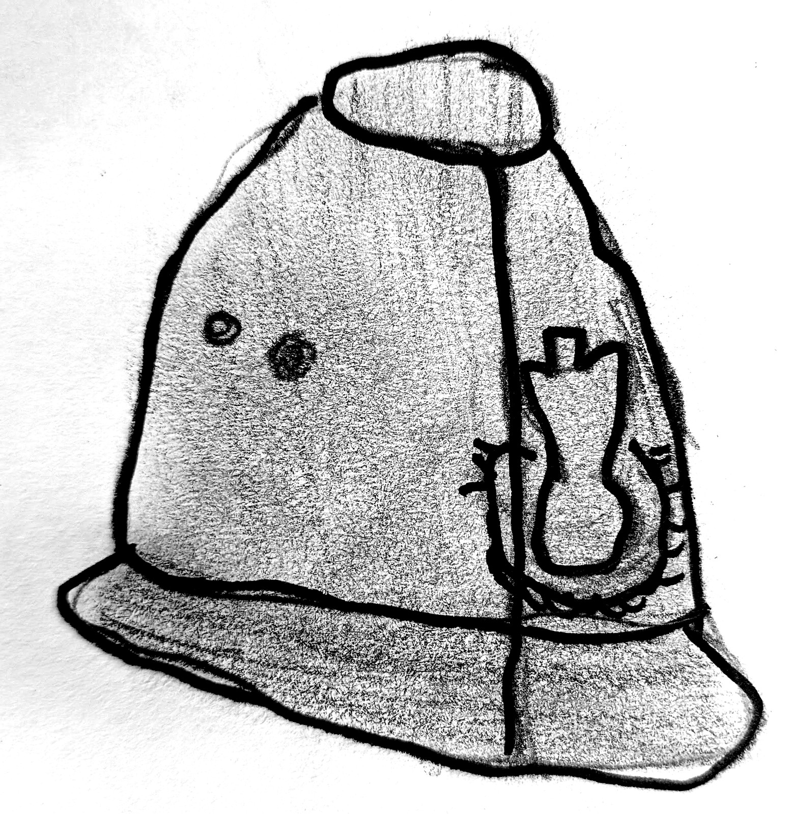 Brooklyn's shaded pencil drawing of a Victorian police helmet, with badge detail on the front