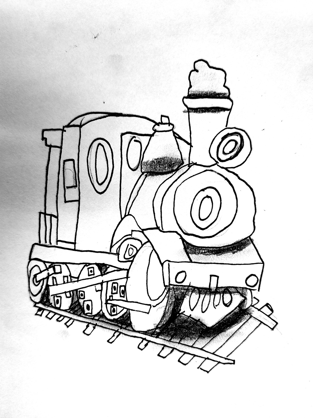 Joel's detailed pencil drawing of a steam locomotive head-on, on railway tracks, with a funnel emitting a puff of smoke