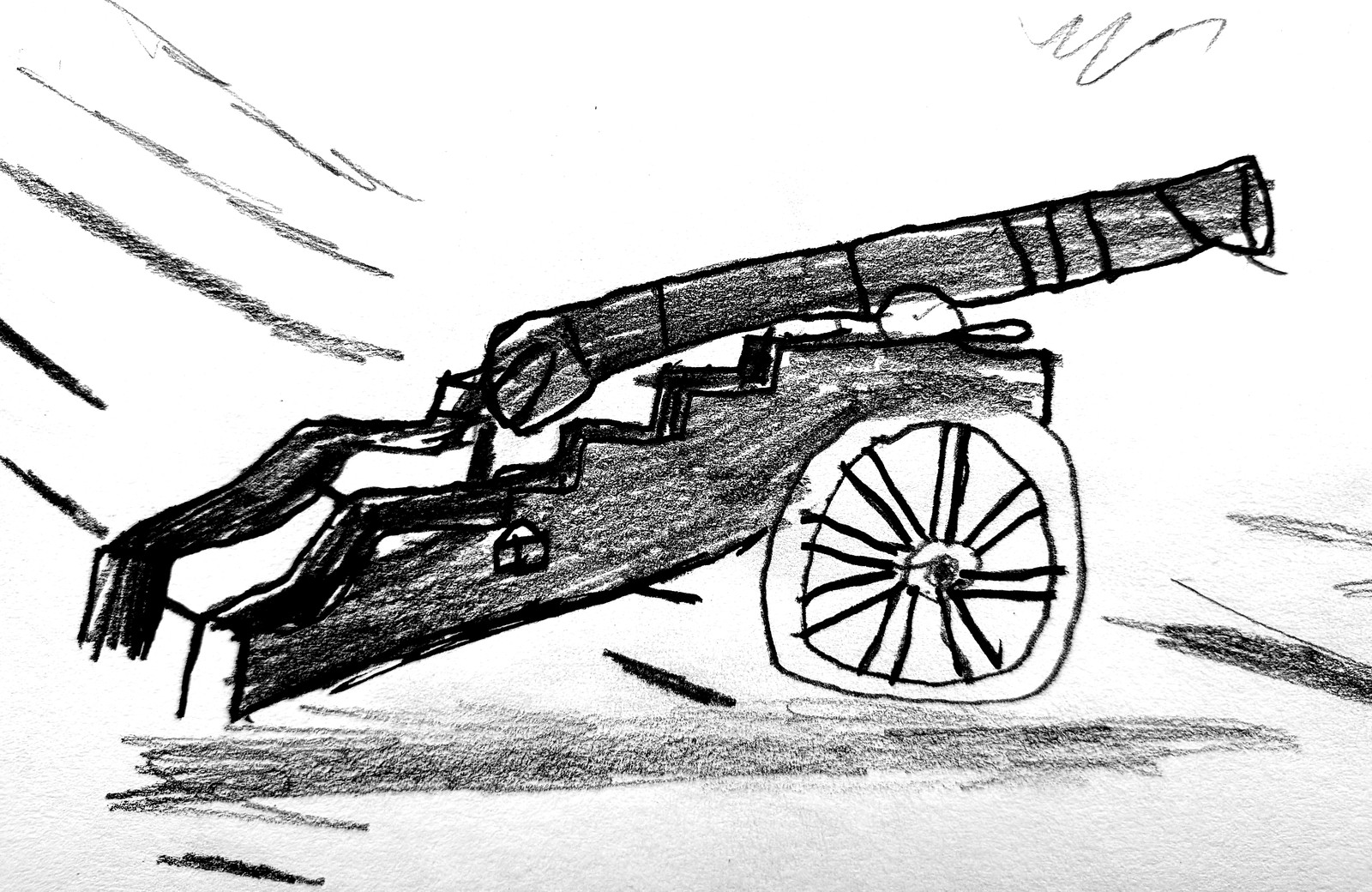 A pencil drawing of a Jacobite-era cannon on a wheeled wooden carriage, barrel raised and angled, with ground shading beneath
