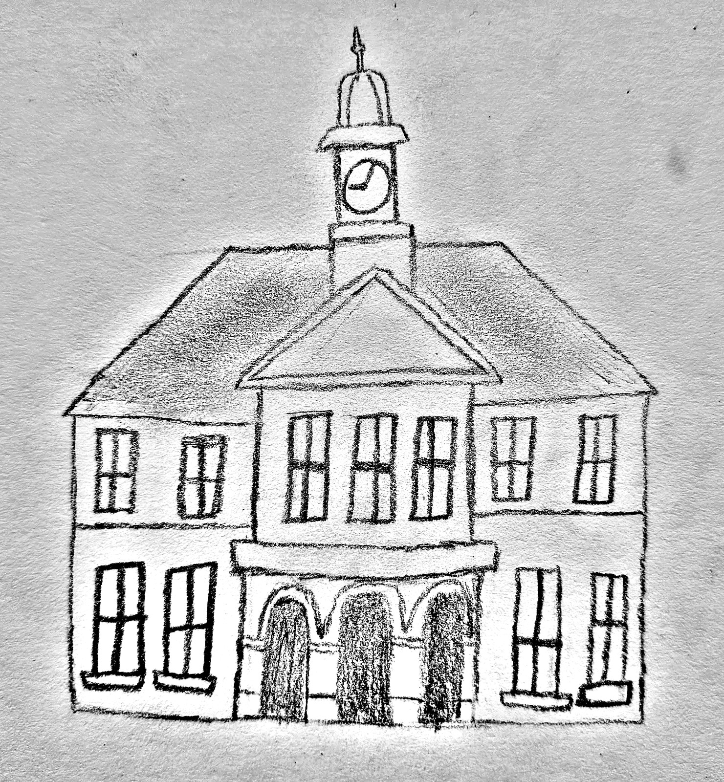A pencil drawing of a grand Georgian building with a central clock tower and dome, symmetrical windows, and arched entrance bays