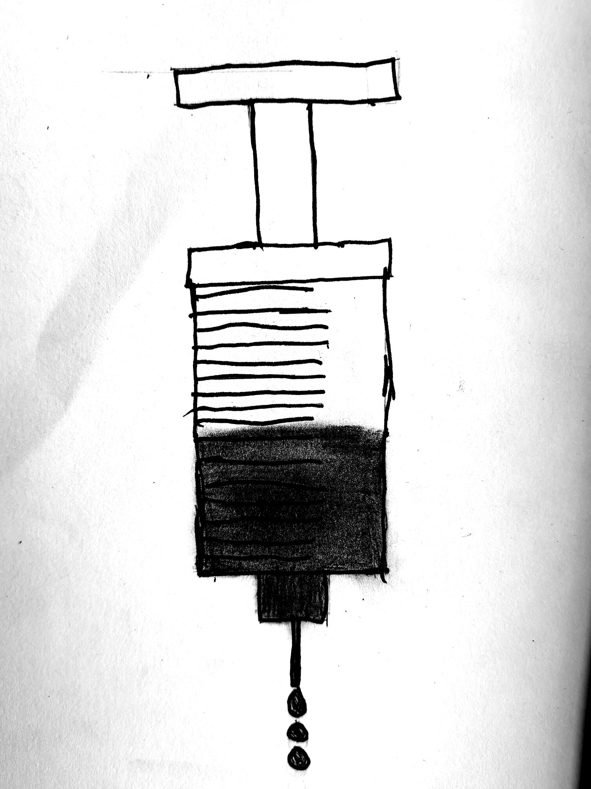 A pen-and-pencil drawing of a medical syringe — plunger, barrel with measurement lines, and needle tip with drops below
