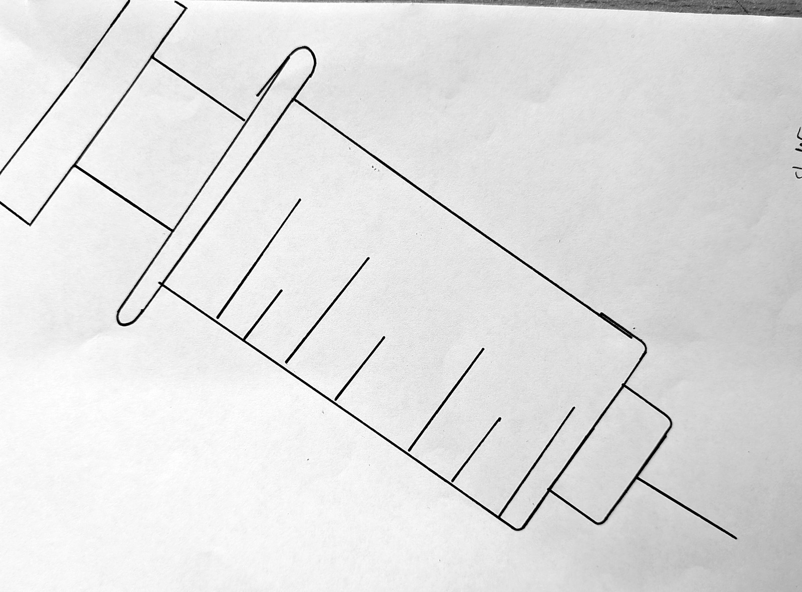 A pen outline drawing of a medical syringe, drawn diagonally on the page