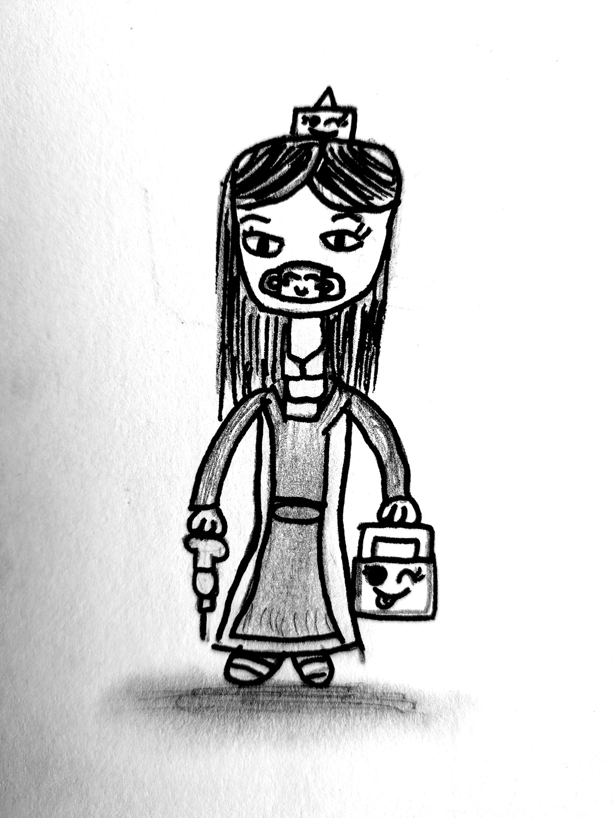 A cartoon-style pencil drawing of a nurse figure with dark hair, nurse's cap, a medical bag and a syringe in her hand