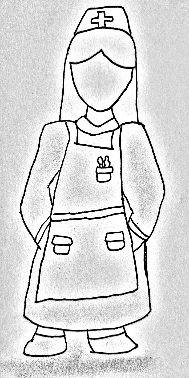 A pencil outline drawing of a nurse in uniform — nurse's cap with a cross, apron, two hip pockets and flat shoes — shown full-length