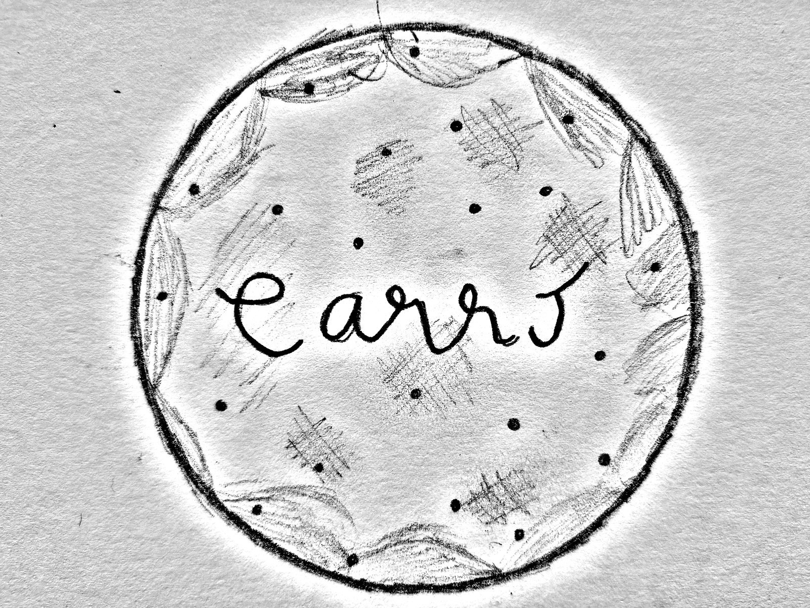 A pencil drawing of a round Carr's cracker biscuit — dotted surface, cross-hatched texture, with Carrs written in cursive at the centre
