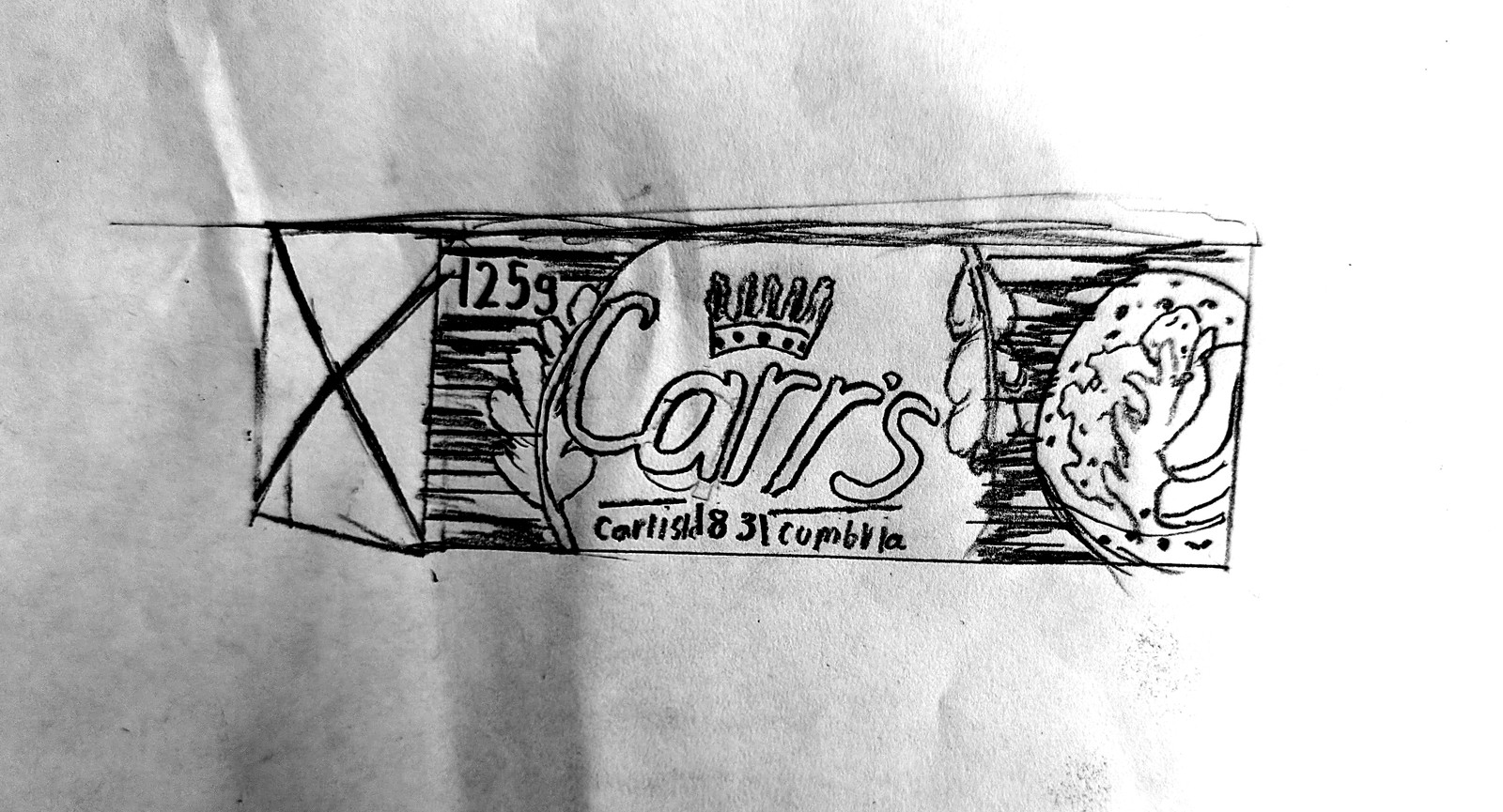 A pencil drawing of a Carr's biscuit packet showing the crown logo, Carlisle 1831 Cumbria and a biscuit illustration