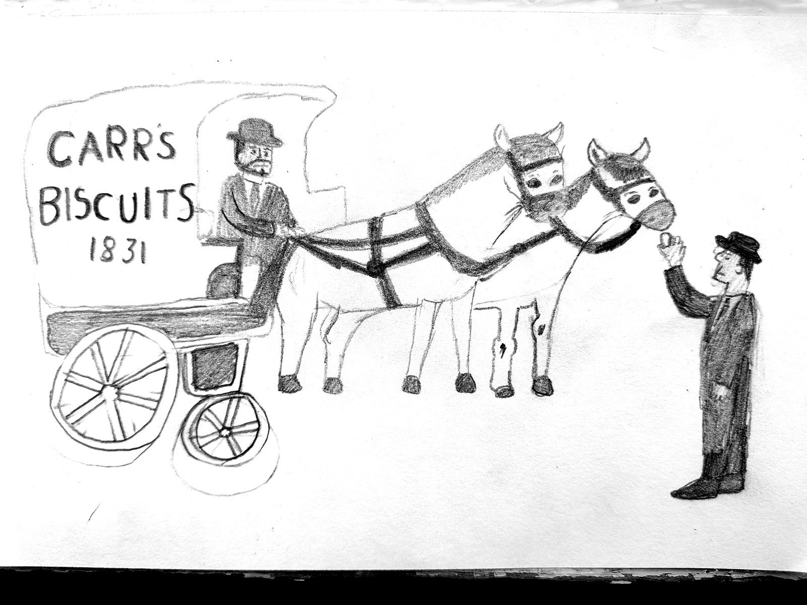 A pencil drawing of a Carr's Biscuits 1831 horse-drawn delivery wagon — a driver on the box, two horses in harness, and a man feeding one of the horses