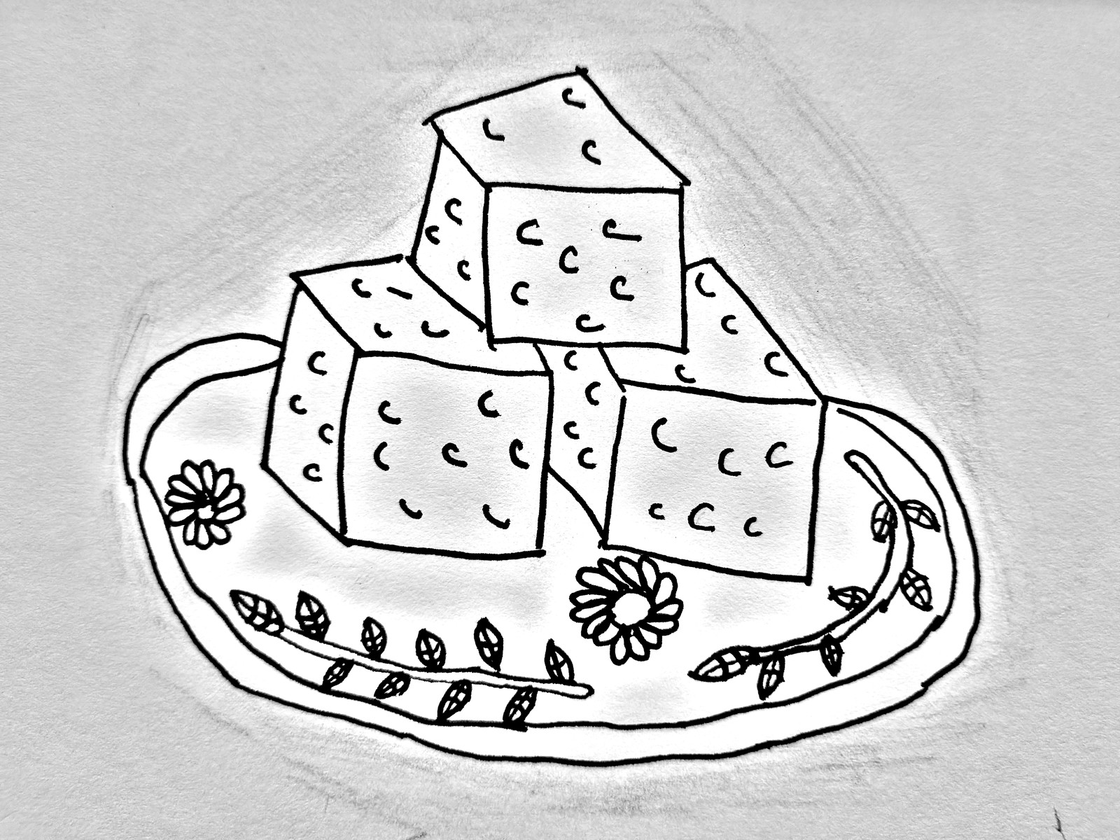 A pen drawing of a pyramid of sugar cubes stacked on a decorative plate with flowers and a vine border