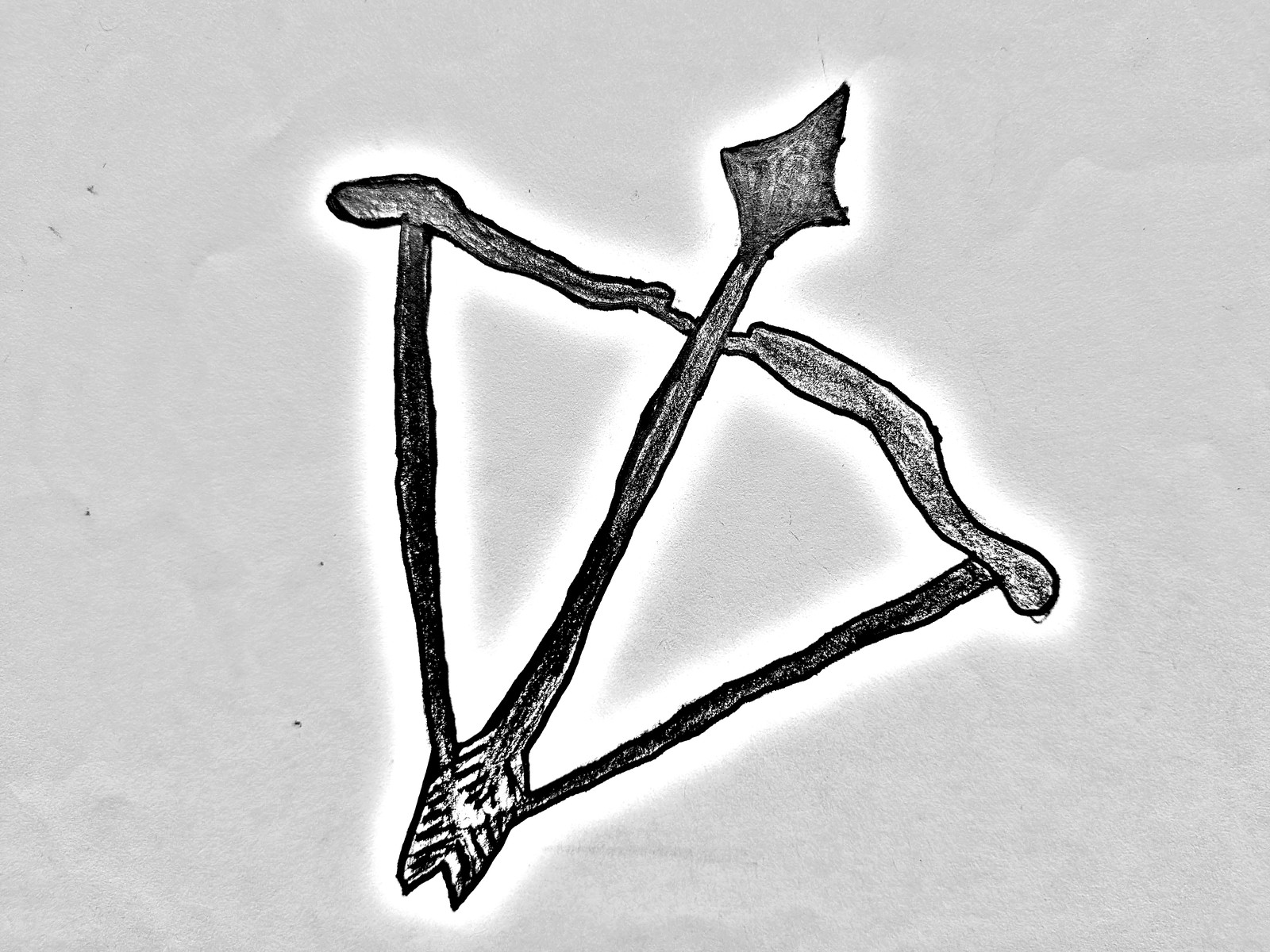 A pencil drawing of a Roman bow and arrow — the bow a dark diamond shape with the string pulled taut, the arrow with a broad arrowhead and feathered flights