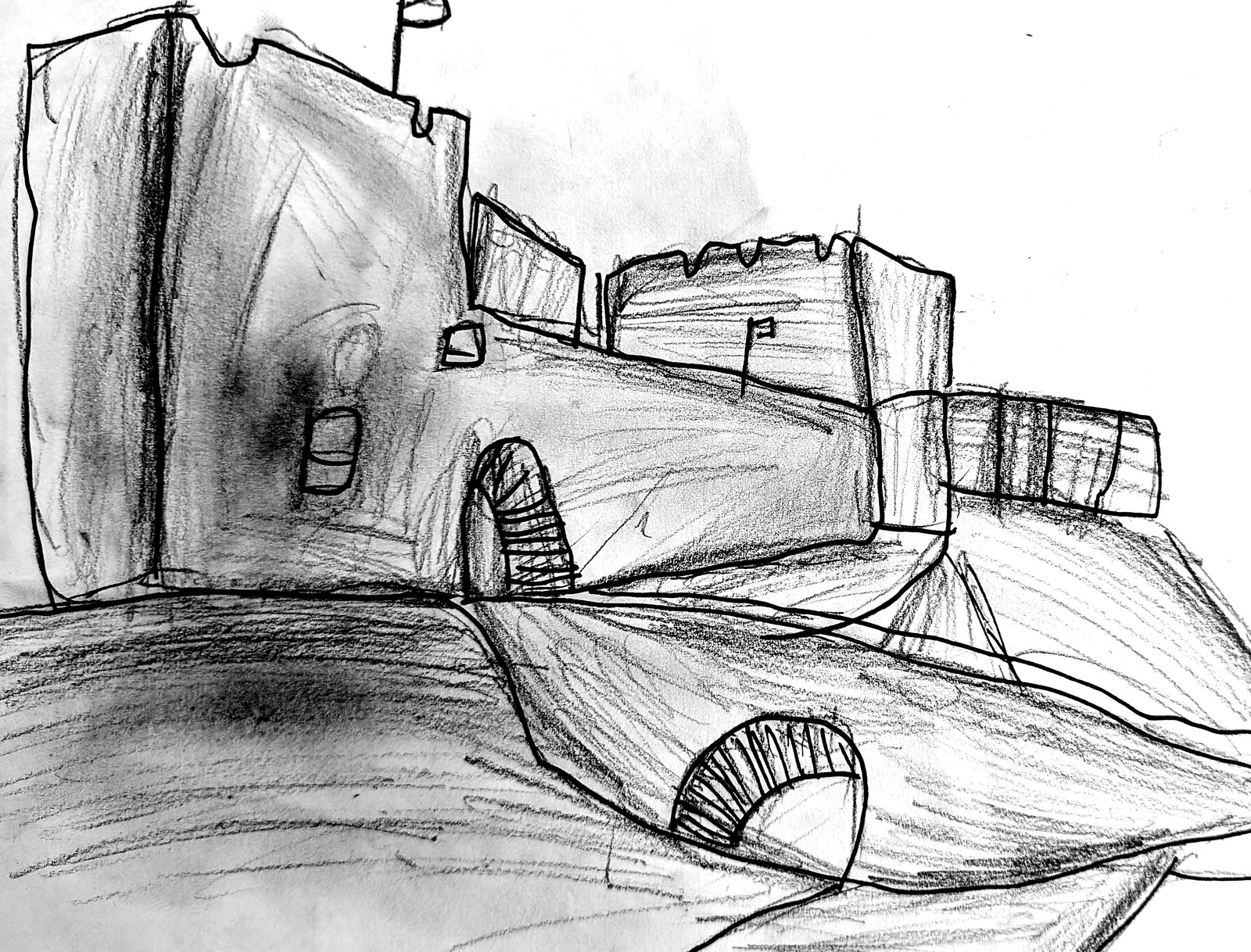 A pencil drawing of Carlisle Castle — heavy battlemented towers, an arched gatehouse, a flag and sloping ramparts drawn with bold shading