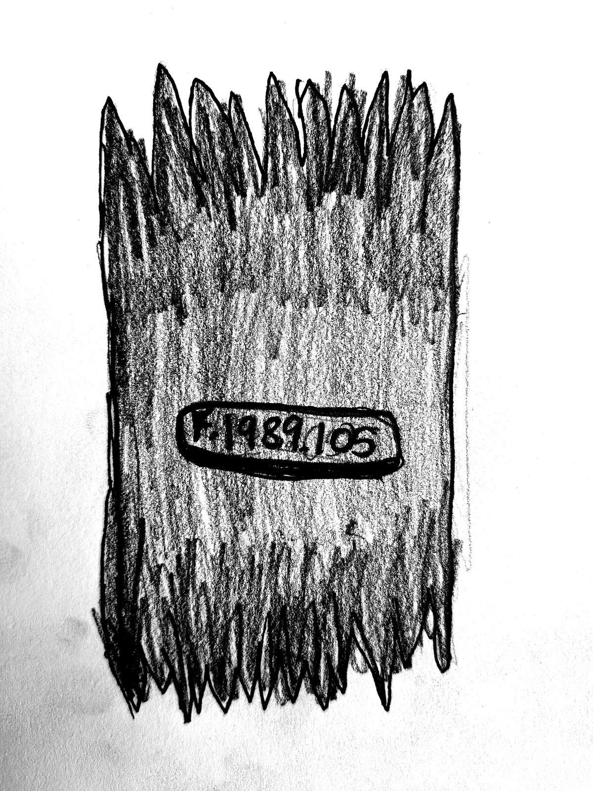 A pencil drawing of a Roman artefact — a rectangular object with dense hatched texture and a museum reference label reading F.1989.105