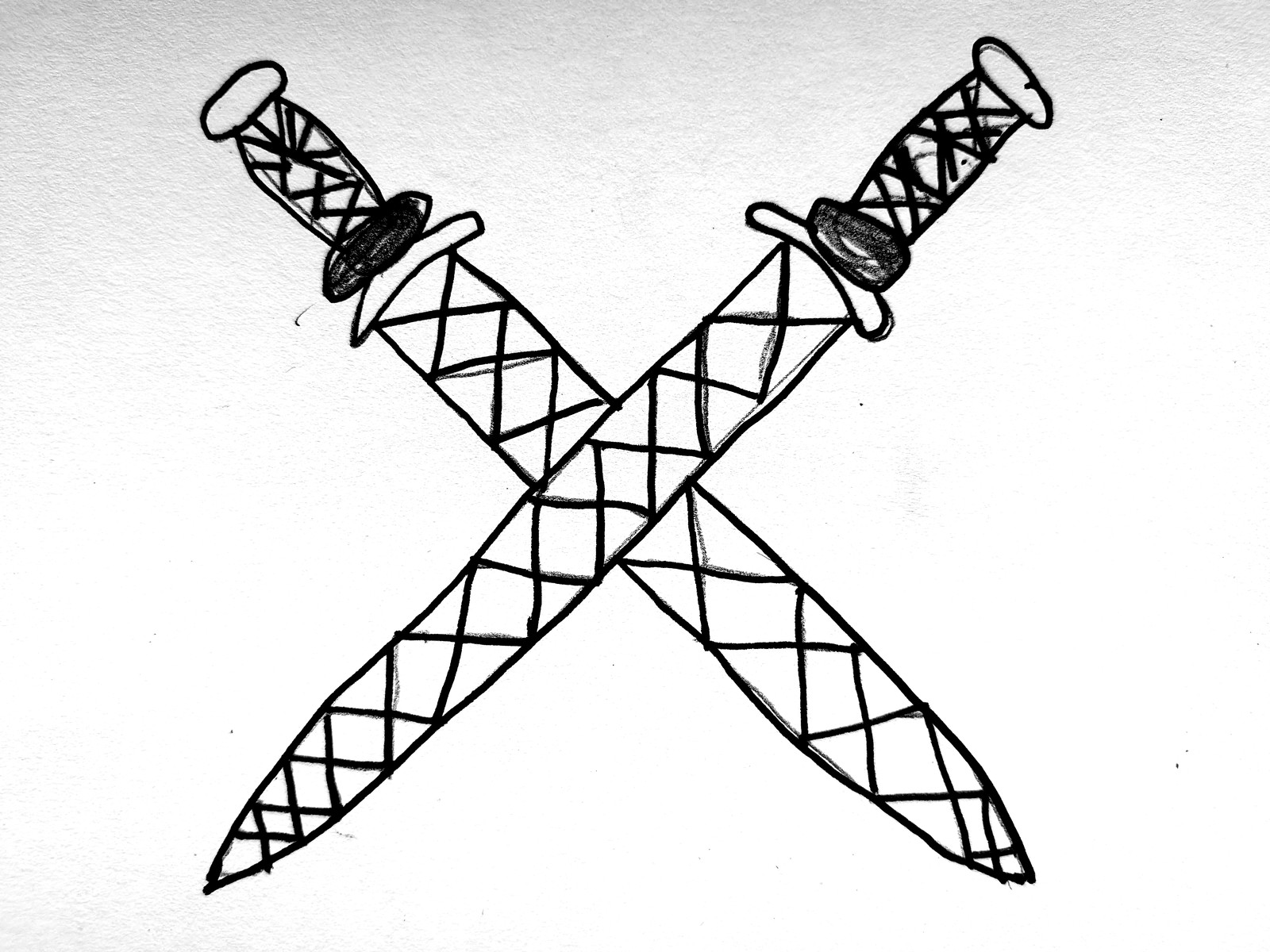 A pencil drawing of two Roman gladii crossed in an X — cross-hatched blades, cylindrical pommels and short guards, drawn symmetrically