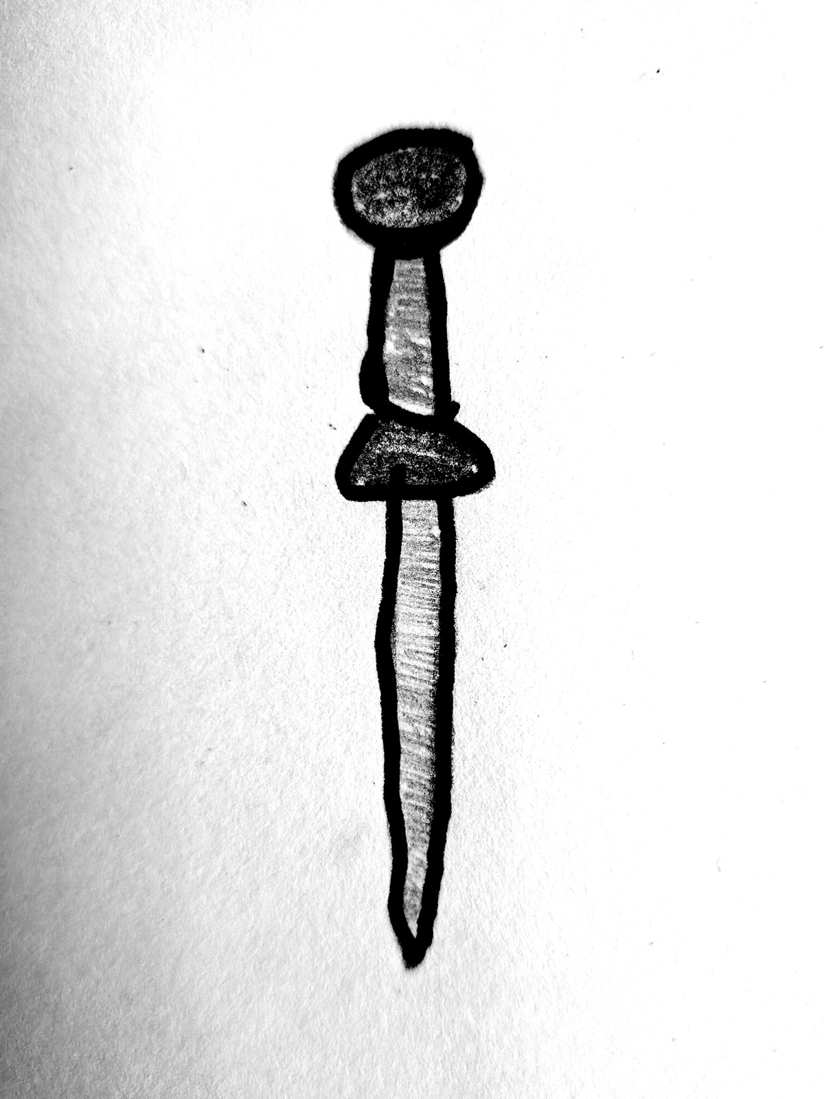 A pencil drawing of a Roman gladius — round pommel, narrow grip, flared guard and a tapering blade drawn in bold black outline with pencil shading