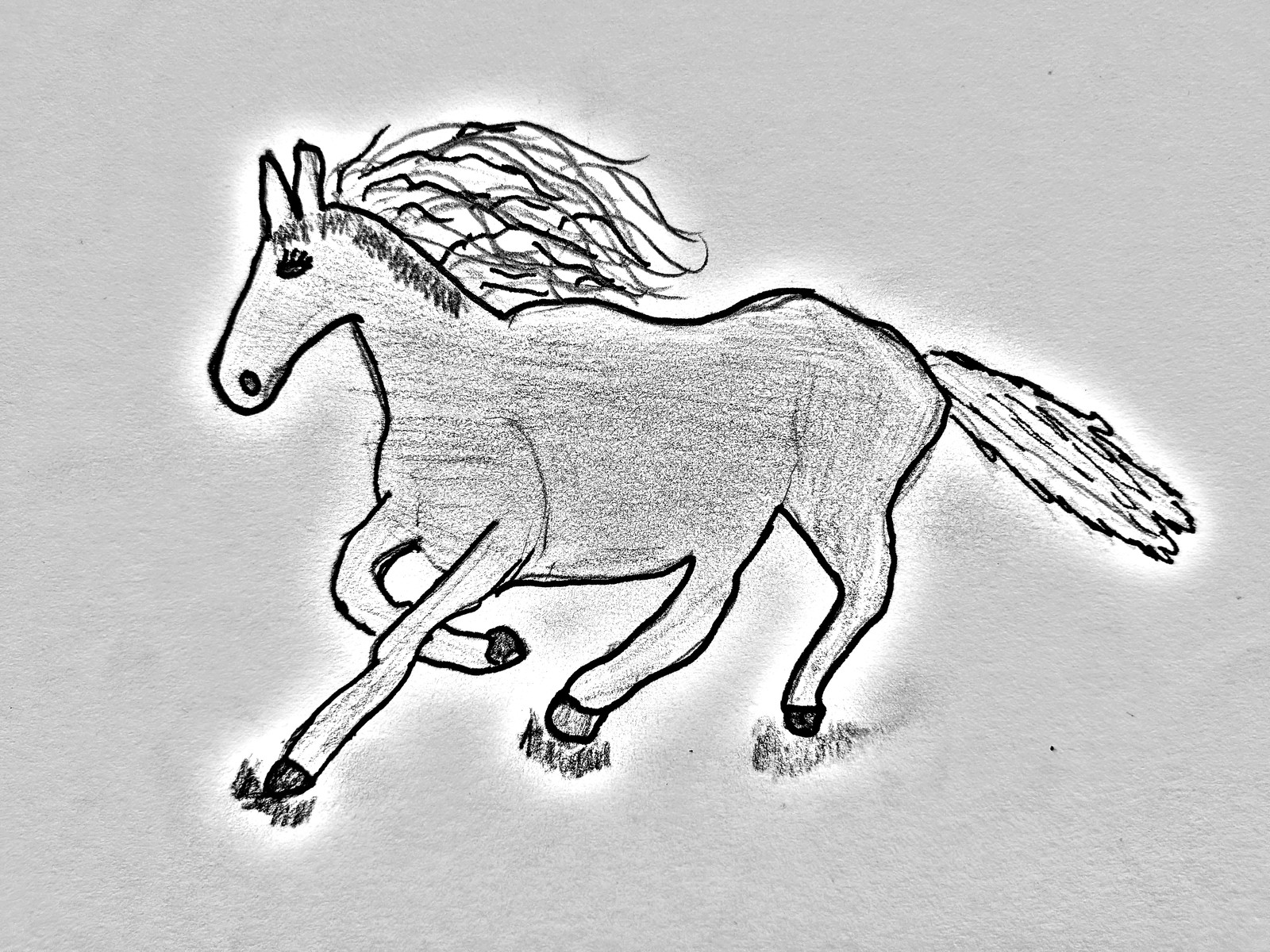 A pencil drawing of a Roman cavalry horse in full gallop — mane and tail streaming, legs outstretched, hooves leaving dust