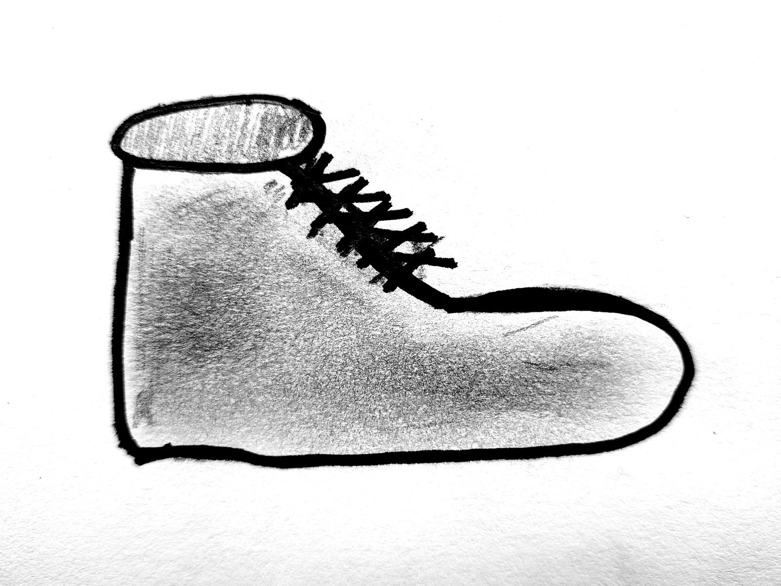 A pencil drawing of a Roman boot — a rounded boot shape with a circular opening at the ankle, laced with cross-hatched stitching, heavily shaded