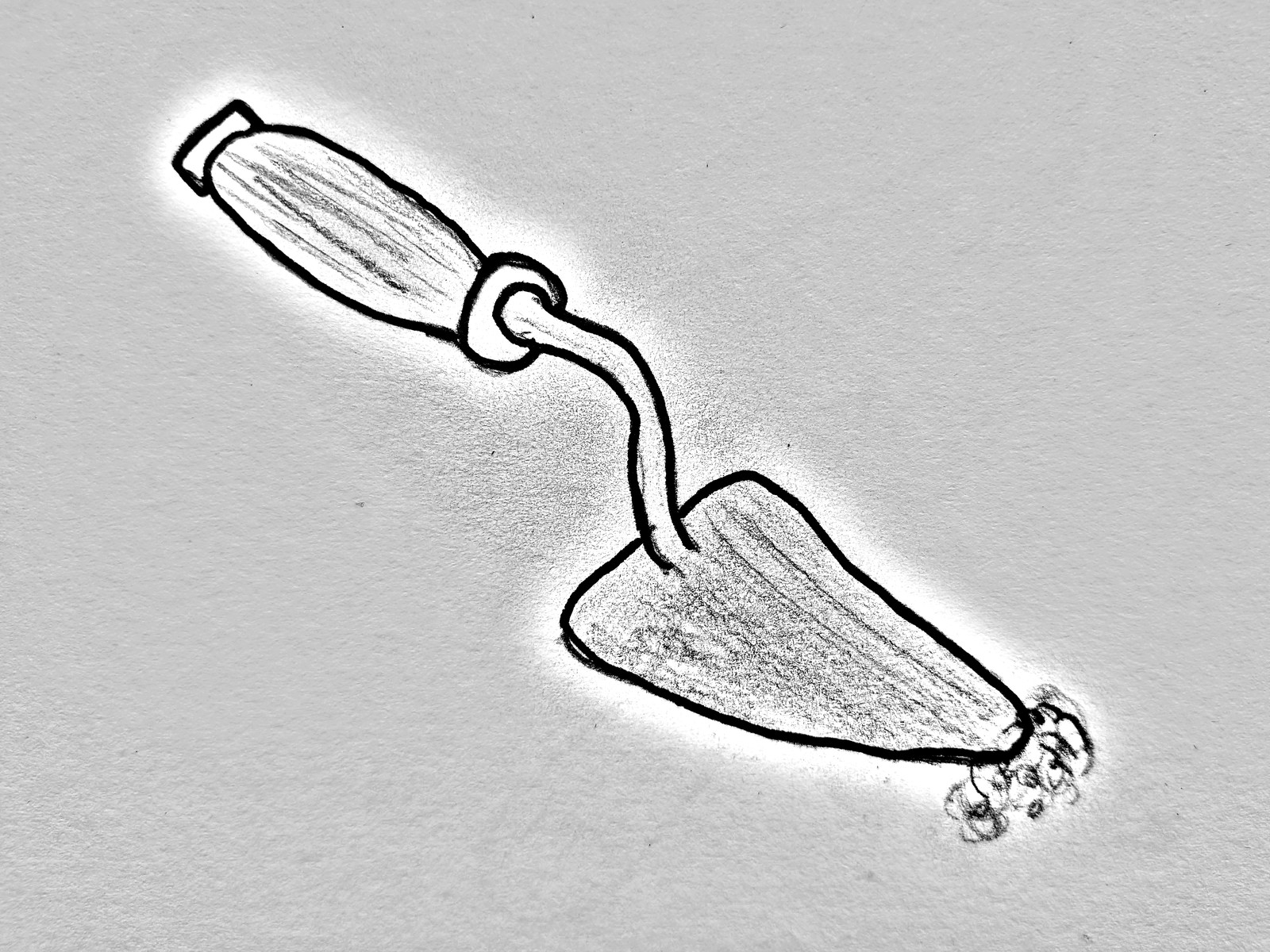 A pencil drawing of an archaeologist's excavation trowel — wooden handle, collar joint, and heart-shaped blade with a small amount of earth at the tip