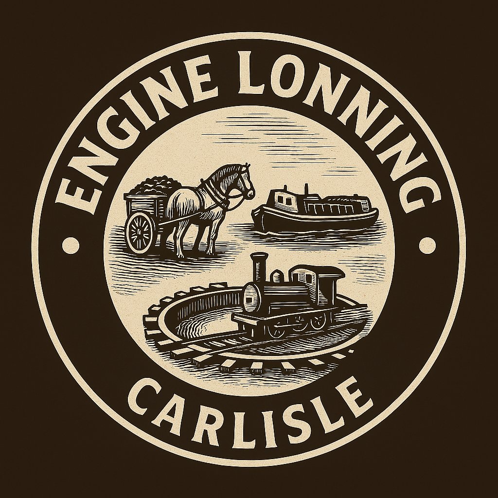 Engine Lonning stop logo — horse-drawn cart, canal boat and steam locomotive on a turntable
