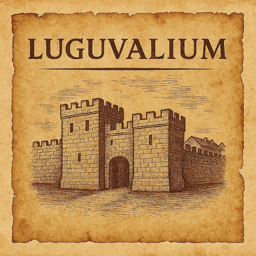 Luguvalium stop logo — Roman fort gate with castellated towers