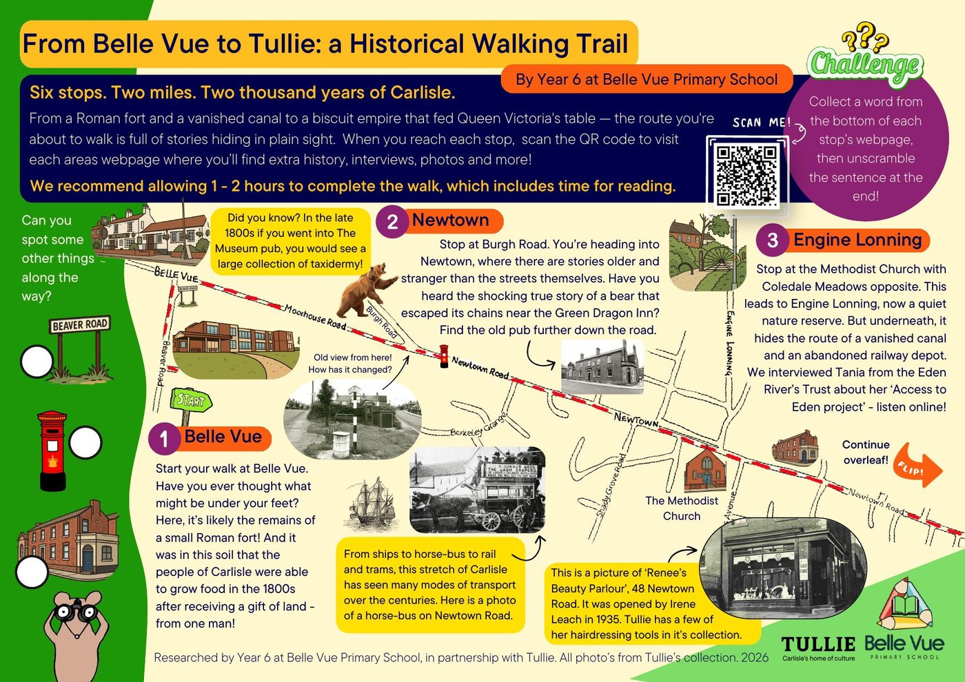 Trail map side 1: stops 1–3, Belle Vue to Engine Lonning